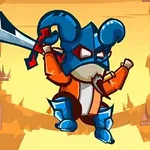 A cartoonish character with a blue ram-horned helmet and a sword jumps across a canyon, dressed in an orange outfit and blue armor, set against a vibrant background of cliffs and a sunset sky