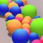 A colorful arrangement of 3D spheres in various sizes and hues, including blue, green, orange, pink, and purple, clustered together in a narrow space