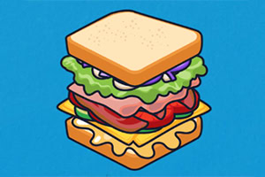 Sandwich Maker A colorful cartoon-style sandwich stacked with layers of lettuce, ham, tomatoes, and cheese, against a bright blue background