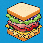 Sandwich Maker A colorful cartoon-style sandwich stacked with layers of lettuce, ham, tomatoes, and cheese, against a bright blue background