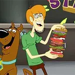 Scooby-Doo and Shaggy are grinning and holding towering sandwiches in a colorful, animated setting, showcasing their love for food while surrounded by a playful atmosphere