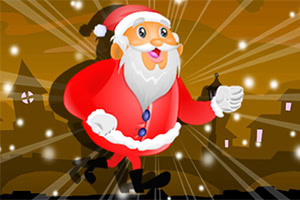 A cheerful cartoon Santa Claus in a red suit, running joyfully against a festive background with snowflakes and lights