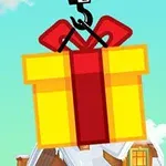 A colorful yellow gift box with a red ribbon is being lifted by a black crane hook against a bright blue sky and a snow-covered house in the background