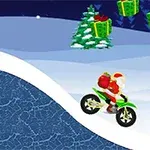 A cartoon Santa Claus rides a green motorcycle through a snowy landscape, navigating hills while gifts hover above festive trees