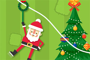 A cheerful Santa Claus in a red suit and hat is swinging from a wreath, while a decorated Christmas tree with colorful ornaments stands beside him against a bright green background