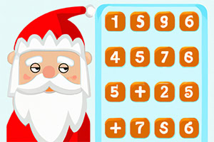 A cartoon Santa Claus with a white beard and red hat stands next to a numeric keypad featuring numbers and basic addition equations in a playful design