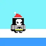 A pixelated penguin wearing a red Santa hat and gray floaties stands on a snowy white surface with a blue background, evoking a fun, wintery theme