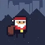 A pixel art Santa Claus stands beside a wrapped gift against a starry night background with mountains