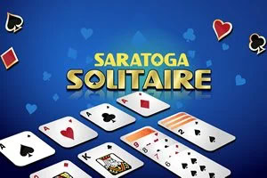 A vibrant blue background with various playing cards laid out, including aces, a king, and other cards, alongside colorful heart and spade icons, topped with the text Saratoga Solitaire in bold, golden letters