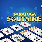 A vibrant blue background with various playing cards laid out, including aces, a king, and other cards, alongside colorful heart and spade icons, topped with the text Saratoga Solitaire in bold, golden letters