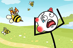 A cartoon character with a stick figure body and a shocked expression raises its arms in fear, surrounded by angry cartoon bees in a colorful outdoor setting with green grass and a blue sky