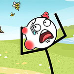 A cartoon character with a stick figure body and a shocked expression raises its arms in fear, surrounded by angry cartoon bees in a colorful outdoor setting with green grass and a blue sky