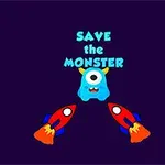 A cute blue monster with one eye stands between two red rockets, accompanied by the text SAVE the MONSTER in bright blue, set against a dark background