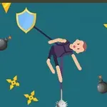 A cartoonish character with a shield is suspended in mid-air, surrounded by bombs and ninja stars, set against a solid blue background with yellow flags at the top