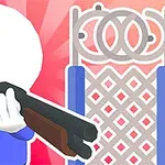 A simplistic character holding a shotgun in front of a decorative gate, with a colorful background emphasizing the characters action