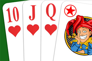 Three playing cards showing the 10, Jack, and Queen of hearts beside a smiling red-hatted jester emblem on a green background