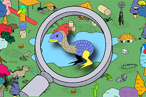 A whimsical illustration featuring a cartoon bird with a colorful body, peeking through a magnifying glass, surrounded by various playful elements in a vibrant landscape