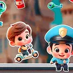 A colorful cartoon scene featuring three adorable children: a girl in a blue dress and orange bow, a boy riding a scooter, and a police officer, set against a whimsical background with floating keys and red containers