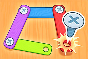 Colorful wooden pieces in purple, blue, red, and green are arranged to form a shape with a blue pin and an explosion graphic indicating a fastening action