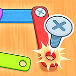Colorful wooden pieces in purple, blue, red, and green are arranged to form a shape with a blue pin and an explosion graphic indicating a fastening action