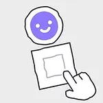 A smiling purple circular icon is positioned above a white square with a hand cursor pointing at it, set against a plain gray background