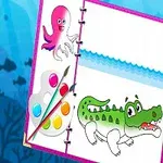 A colorful illustration featuring an open drawing book with a green crocodile and a purple octopus, alongside a paint palette, set against an underwater background with blue waves