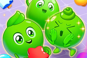 A vibrant illustration of three cheerful, green, cartoonish characters with big eyes and playful expressions, surrounded by colorful game elements