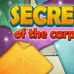 A colorful graphic featuring the title Secrets of the Carpets prominently displayed, surrounded by various rolled and unrolled carpets in vibrant colors, set against a sparkling background