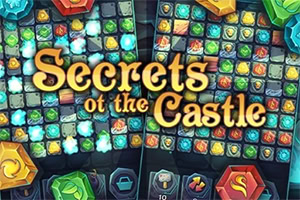 Colorful fantasy puzzle board with gem tiles and the title Secrets of the Castle in ornate gold lettering