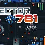 The image features a retro-style video game screen titled Sector 781, showcasing pixelated spacecraft, enemy robots, and colorful projectiles against a dark, industrial background