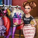 A fashionable doll stands in front of a colorful clothing rack featuring various stylish outfits, holding a pink basket filled with accessories in a stylish room setting