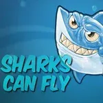 An animated blue shark with a mischievous expression is depicted alongside the text SHARKS CAN FLY in a playful font, set against a light blue background