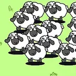 A group of cartoon sheep with white bodies and black faces stands on a green grassy field, offering a playful and whimsical look