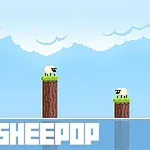 The image features a pixel art style game scene with several platforms, each topped with grass, and cartoon sheep sitting on them, under a bright blue sky