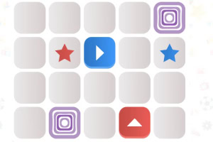 A grid of blank squares featuring a blue play button, red and blue star shapes, and additional decorative shapes in the corners