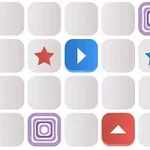 A grid of blank squares featuring a blue play button, red and blue star shapes, and additional decorative shapes in the corners