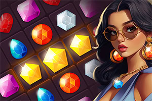 A stylish woman with dark hair and sunglasses poses next to a colorful arrangement of various gem-like shapes, including diamonds and colored crystals, against a dark background