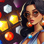 A stylish woman with dark hair and sunglasses poses next to a colorful arrangement of various gem-like shapes, including diamonds and colored crystals, against a dark background