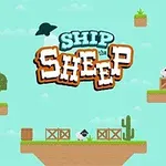 A colorful, cartoon-style video game interface featuring the title Ship the Sheep, with animated sheep on platforms decorated with trees, boxes, and a cactus against a light blue background