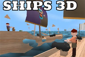 A colorful, low-poly scene featuring two animated characters on a wooden ship with visible cannons and a billowing sail, surrounded by stylized blue waves and abstract shapes in the sky