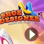 An illustration featuring a young girl with blonde hair and a blue dress next to colorful high-heeled shoes, promoting the Shoe Designer game by Maries Girl Games