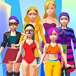 A group of seven colorful, animated characters in trendy outfits, showcasing diverse hairstyles and styles, standing together in a stylized environment