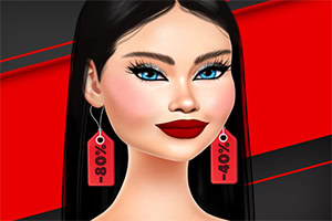 A stylized illustration of a woman with long black hair, striking blue eyes, and bold red lips, wearing large earrings with discount price tags