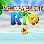 A vibrant game title screen for Shopaholic Rio, featuring colorful tropical elements, a parrot, and a play button, set against a beach background