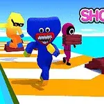 Three colorful cartoon characters—blue, yellow, and pink—are racing on a bright, stylized track with the text SHORTCUT RACE!