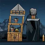 A cartoonish medieval scene featuring stacked wooden structures occupied by helmeted characters, set against a night sky with a moon, and a large rock poised above the central building