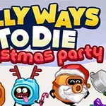 The image features the title Silly Ways to Die: Christmas Party with colorful, animated characters wearing festive attire, surrounded by Christmas decorations like a tree and presents