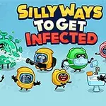 A colorful cartoon scene featuring various playful characters, including a virus and germ-themed figures, wearing protective gear, with the title Silly Ways to Get Infected prominently displayed above them