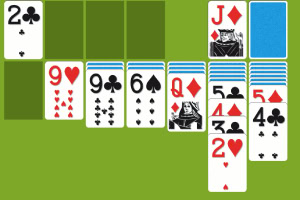 A colorful playing card layout featuring various red and black cards arranged in columns on a green background, with a visible two of spades, a nine of hearts, and a jack of diamonds among others