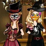 Two cartoon characters dressed in Halloween costumes, one with a tiger face and the other with a pumpkin mask, standing in a spooky, cobweb-filled setting, both wearing hats and playful outfits